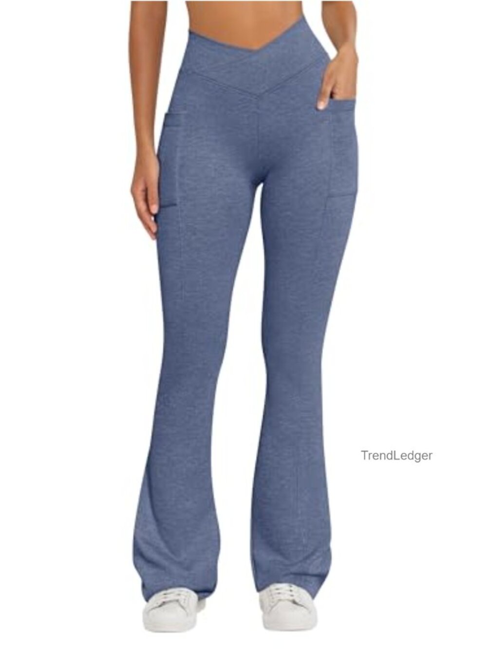 High Waist Crossover Flared Trousers with Pockets Nylon Stretch Yoga Pants